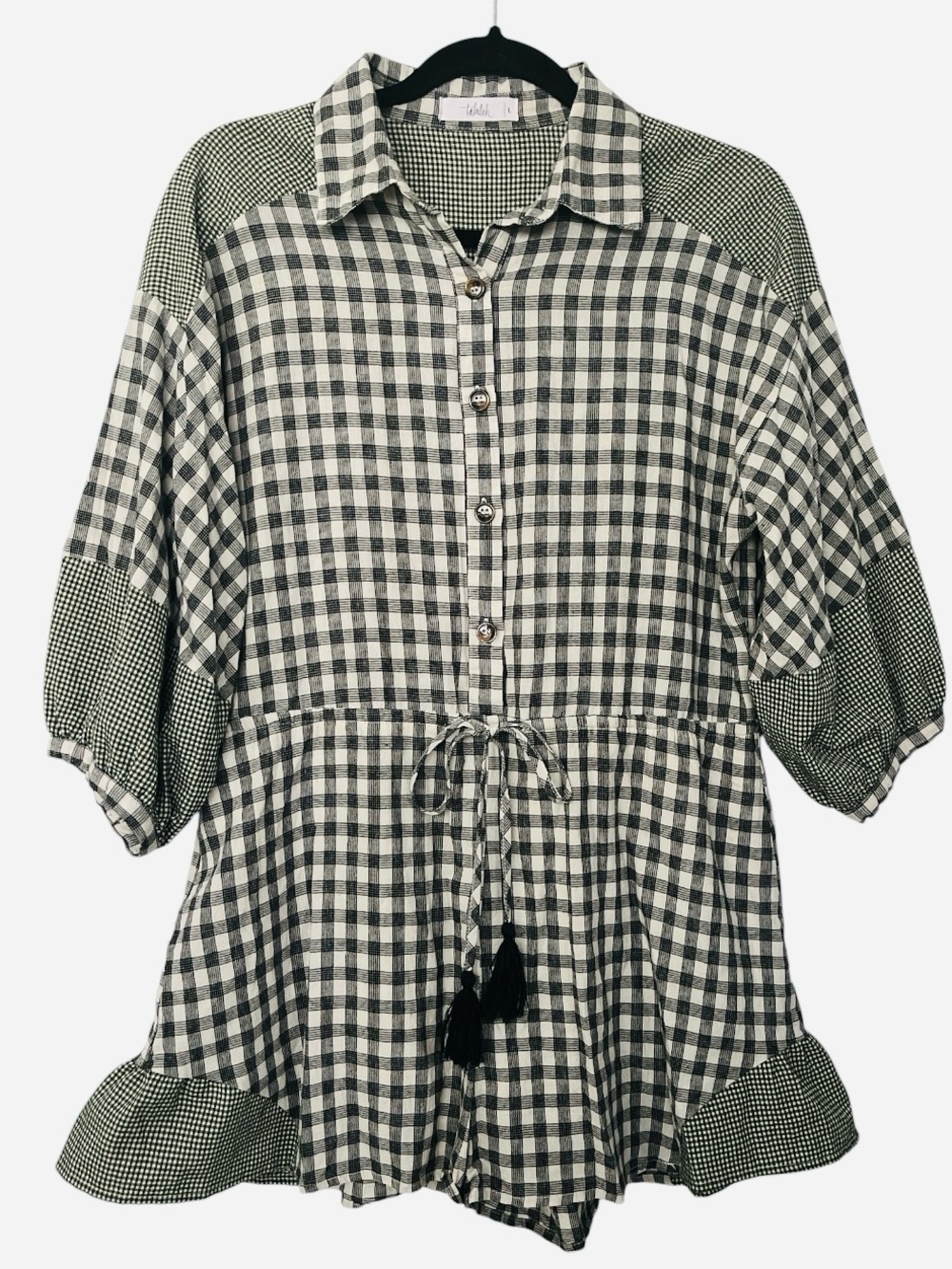TALULAH Black & White, Green Gingham Drawstring Romper Billowy Sleeve L